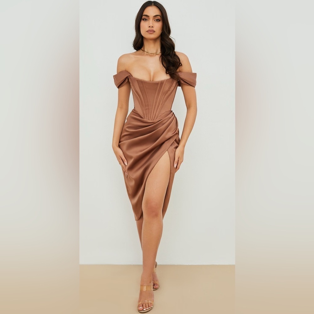 HOUSE OF CB  Loretta Off The Shoulder Satin Corset Dress - Toffee, Size XS